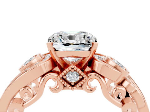 Rose gold Cushion Cut Moissanite Solitaire Ring with Milgrain Pavé Band and Four-Prong Setting_28
