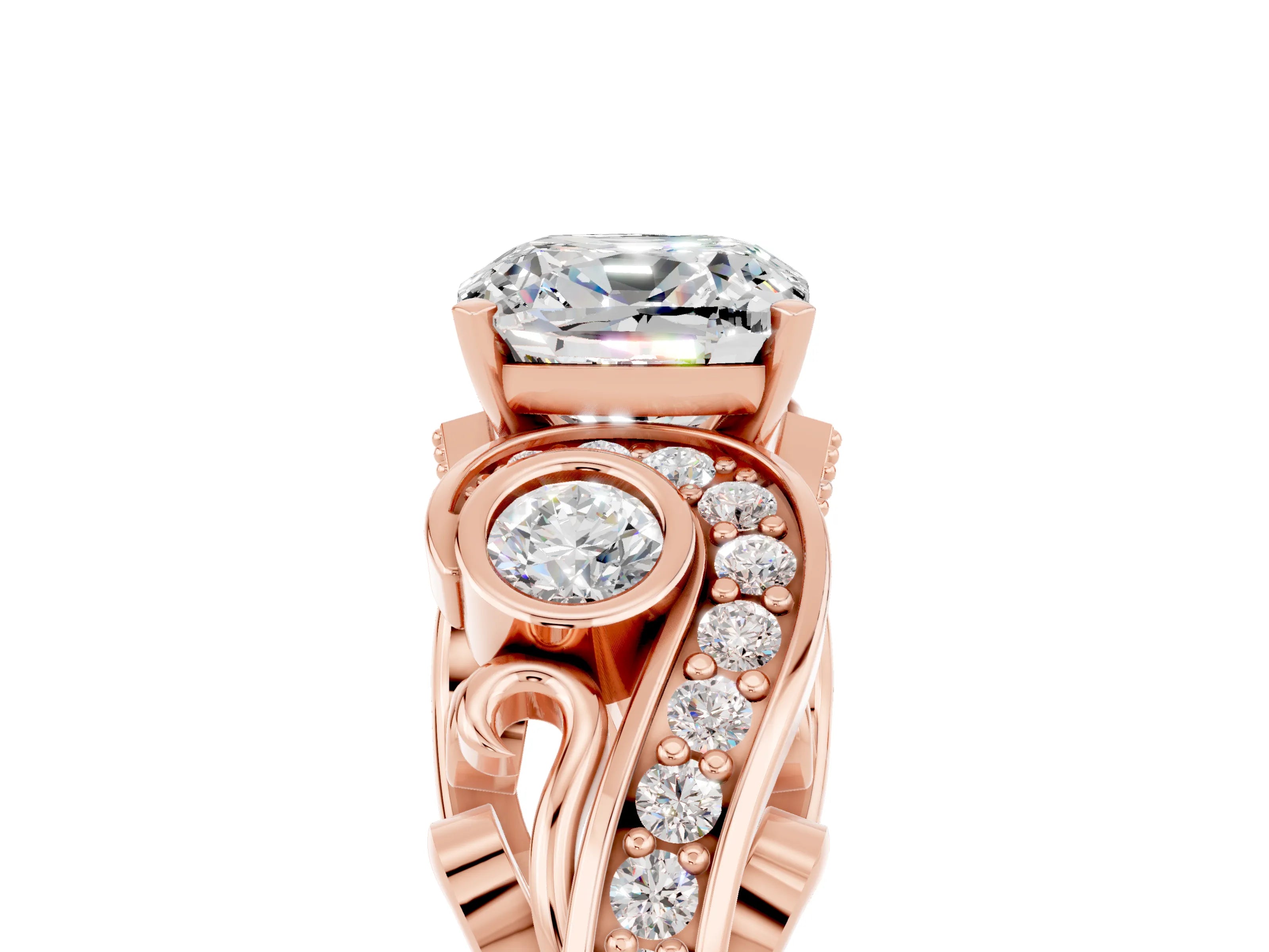 Rose gold Cushion Cut Moissanite Solitaire Ring with Milgrain Pavé Band and Four-Prong Setting_29