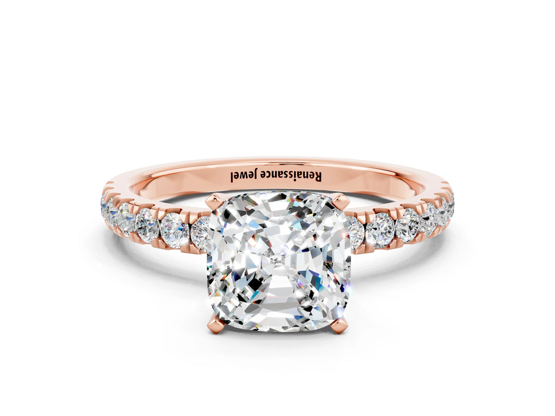 Rose gold Cushion Cut Moissanite Solitaire Ring with Pavé Accents and Four-Prong Setting