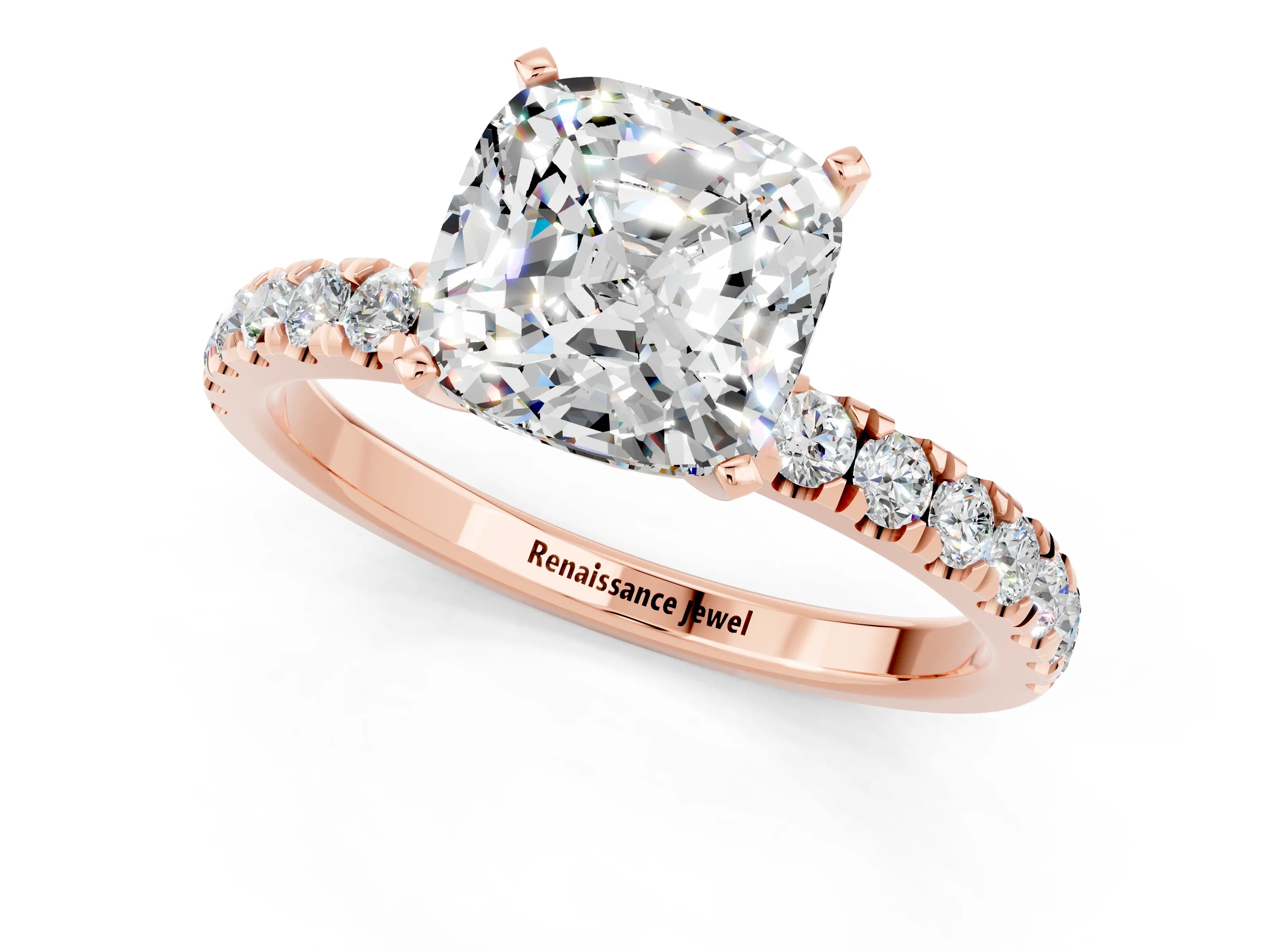 Rose gold Cushion Cut Moissanite Solitaire Ring with Pavé Accents and Four-Prong Setting_1