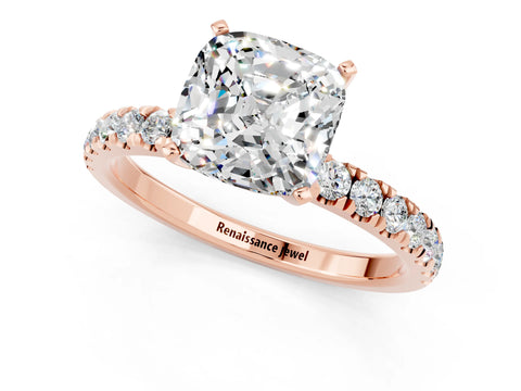Rose gold Cushion Cut Moissanite Solitaire Ring with Pavé Accents and Four-Prong Setting_1