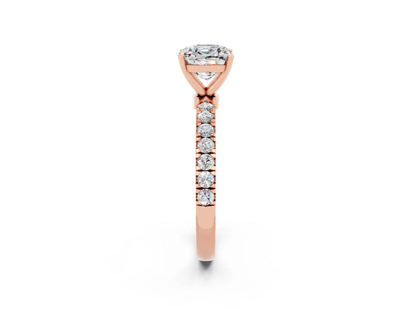 Rose gold Cushion Cut Moissanite Solitaire Ring with Pavé Accents and Four-Prong Setting