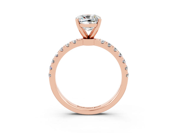 Rose gold Cushion Cut Moissanite Solitaire Ring with Pavé Accents and Four-Prong Setting