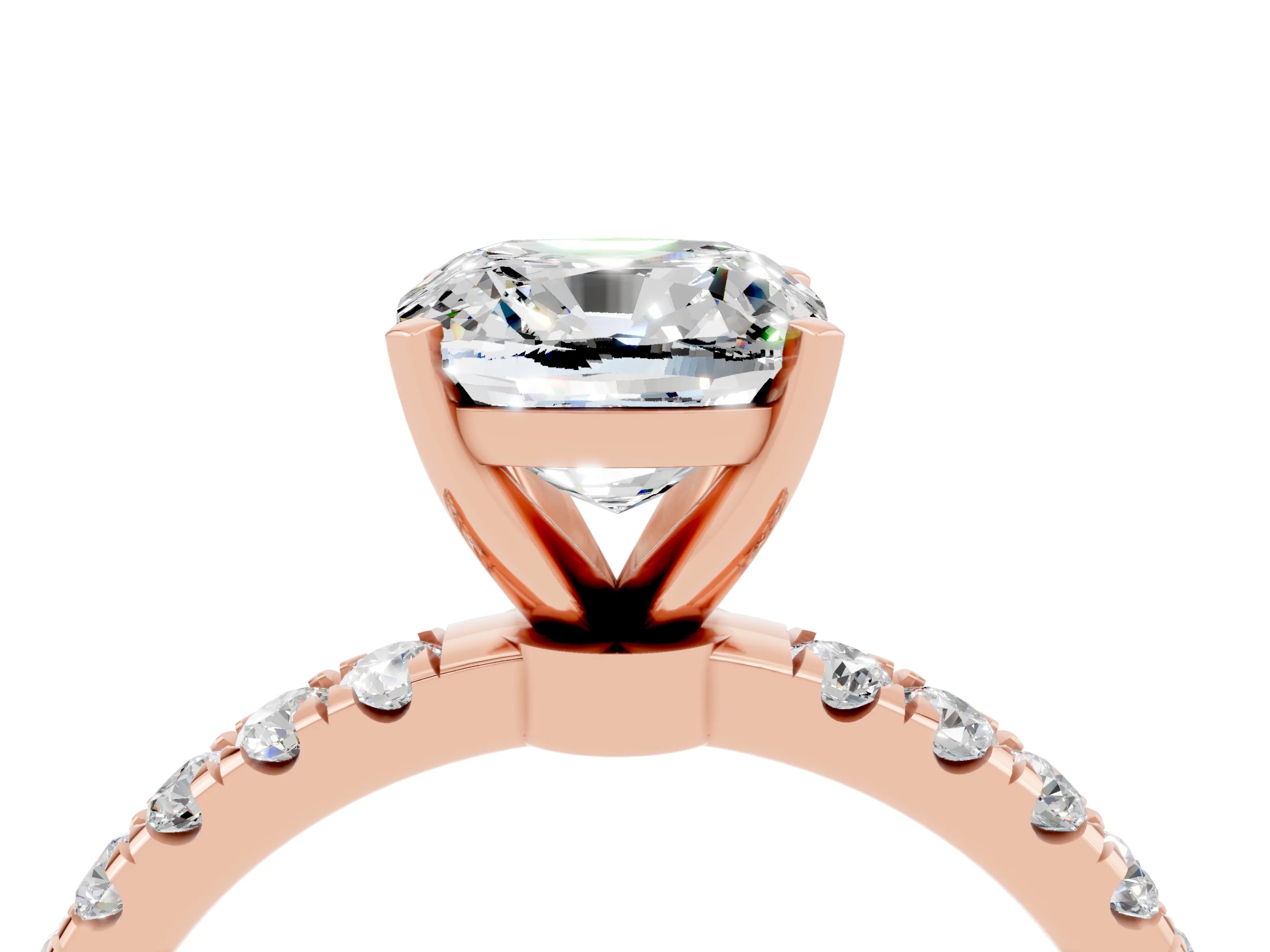 Rose gold Cushion Cut Moissanite Solitaire Ring with Pavé Accents and Four-Prong Setting_4
