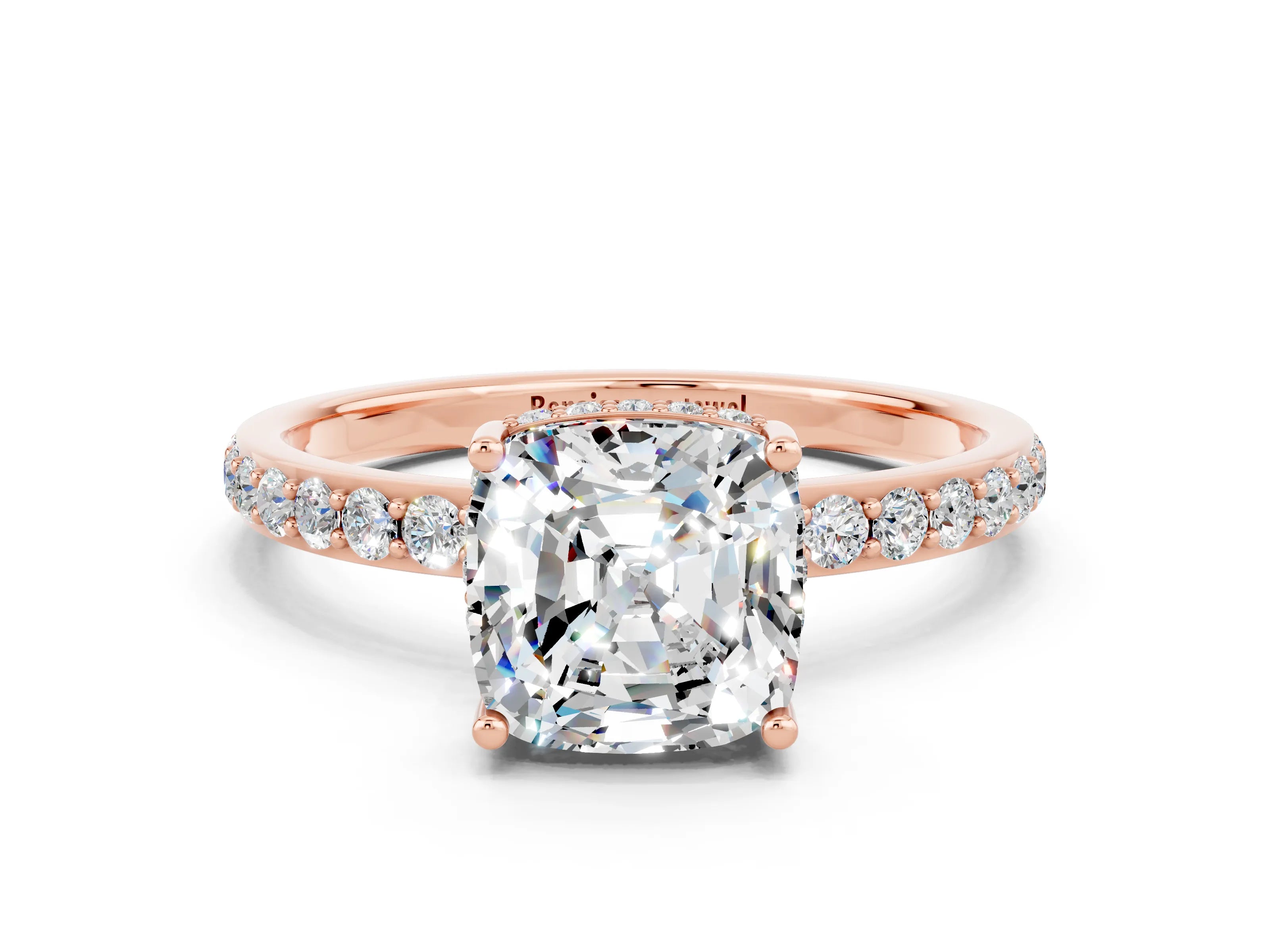 Rose gold Cushion Cut Moissanite Solitaire Ring with Pavé Band and Hidden Halo_12