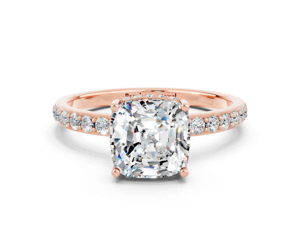 Rose gold Cushion Cut Moissanite Solitaire Ring with Pavé Band and Hidden Halo