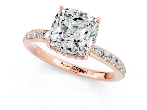 Rose gold Cushion Cut Moissanite Solitaire Ring with Pavé Band and Hidden Halo_13