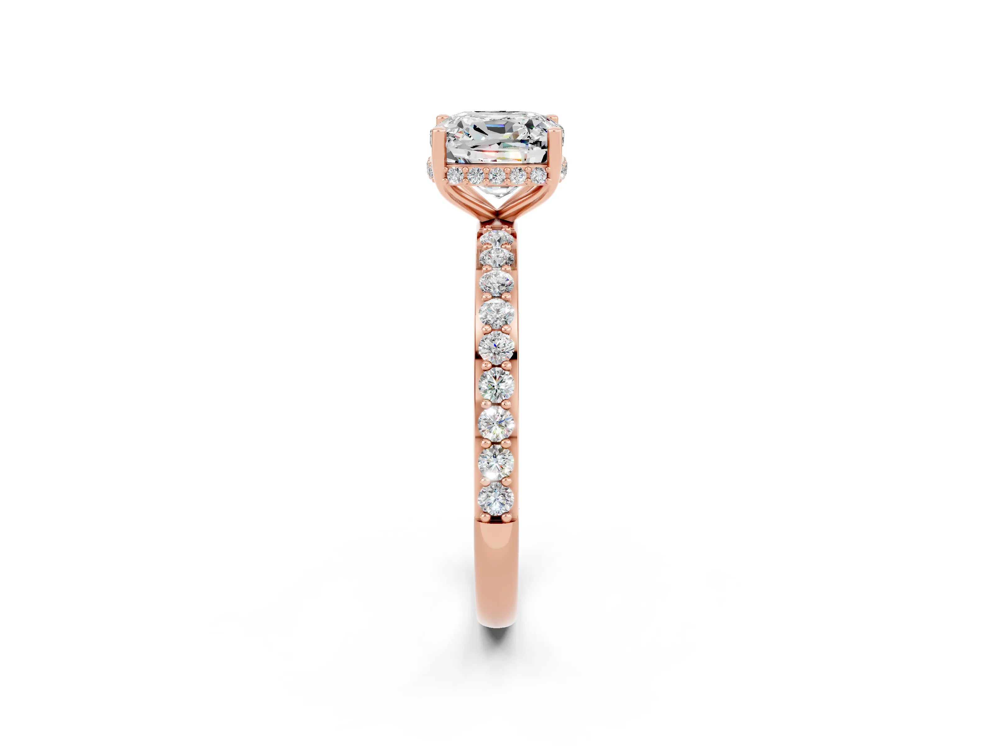 Rose gold Cushion Cut Moissanite Solitaire Ring with Pavé Band and Hidden Halo_14