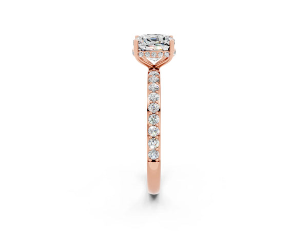 Rose gold Cushion Cut Moissanite Solitaire Ring with Pavé Band and Hidden Halo