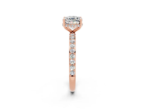 Rose gold Cushion Cut Moissanite Solitaire Ring with Pavé Band and Hidden Halo_14