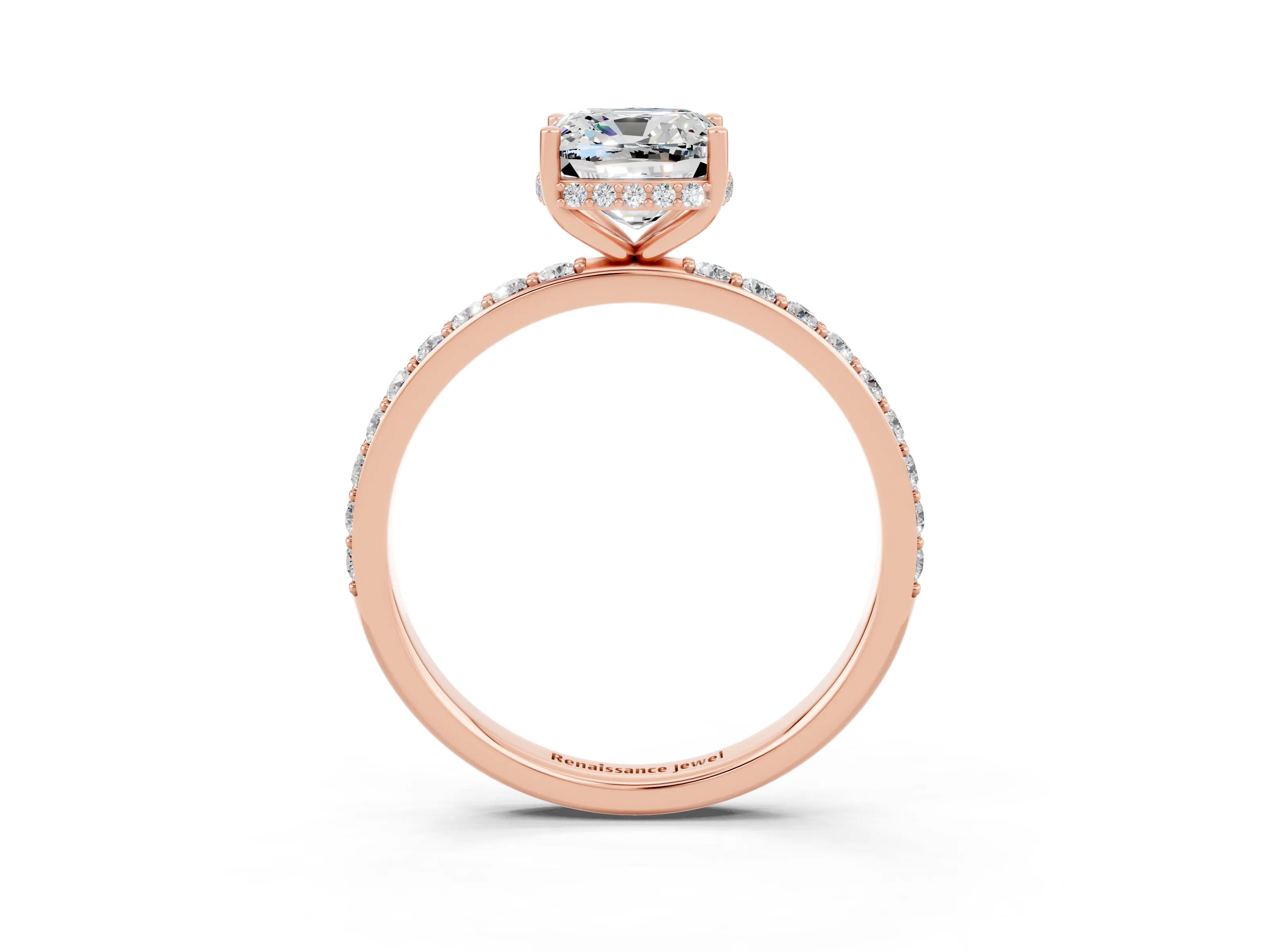Rose gold Cushion Cut Moissanite Solitaire Ring with Pavé Band and Hidden Halo_15