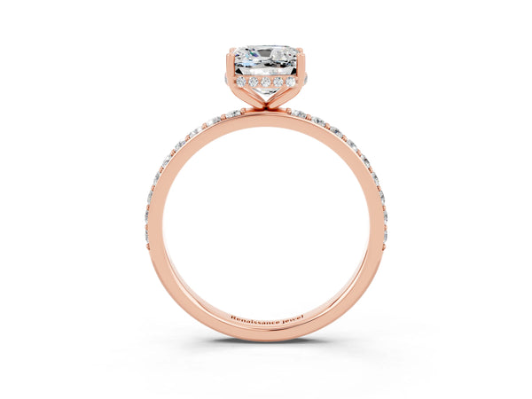 Rose gold Cushion Cut Moissanite Solitaire Ring with Pavé Band and Hidden Halo