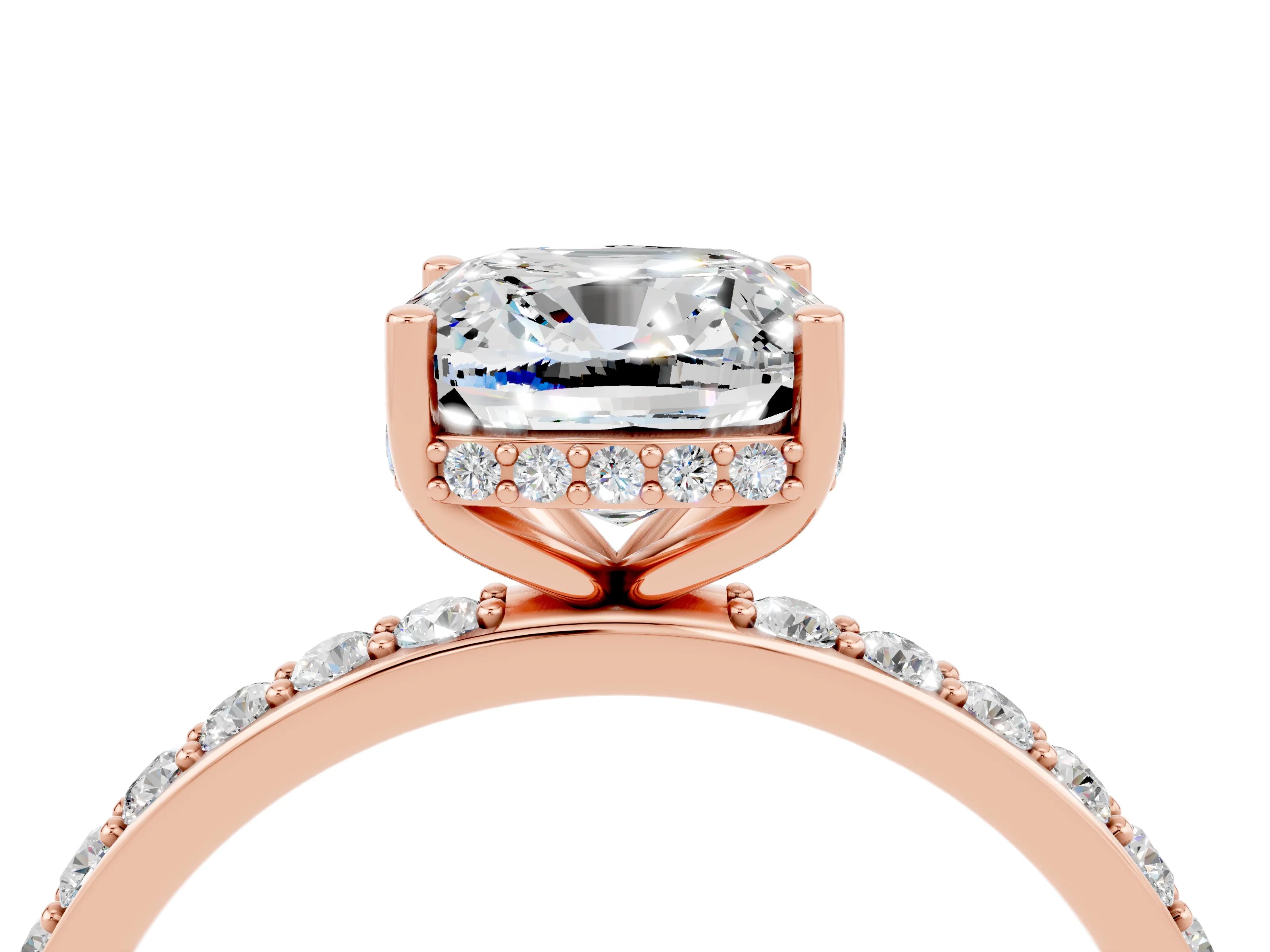 Rose gold Cushion Cut Moissanite Solitaire Ring with Pavé Band and Hidden Halo_16