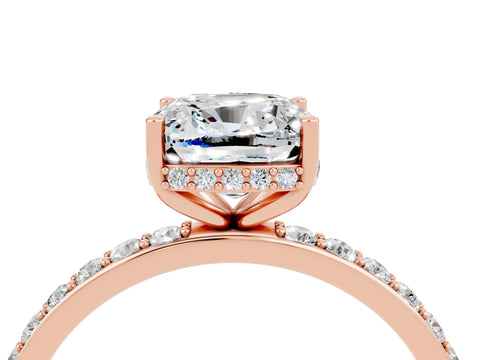 Rose gold Cushion Cut Moissanite Solitaire Ring with Pavé Band and Hidden Halo_16