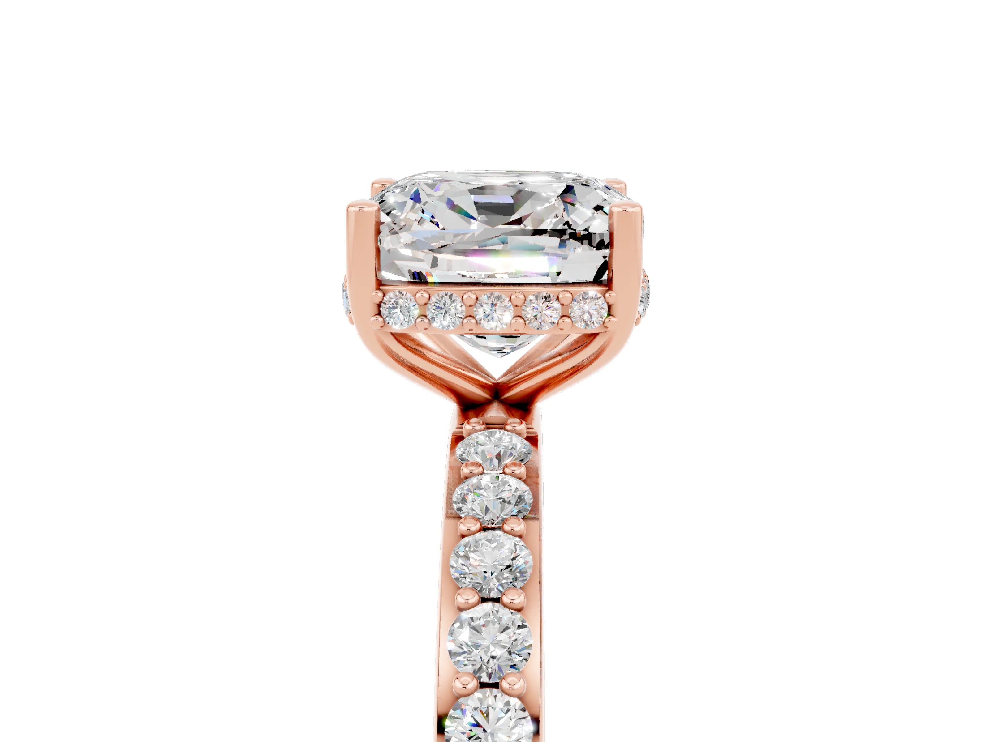 Rose gold Cushion Cut Moissanite Solitaire Ring with Pavé Band and Hidden Halo_17