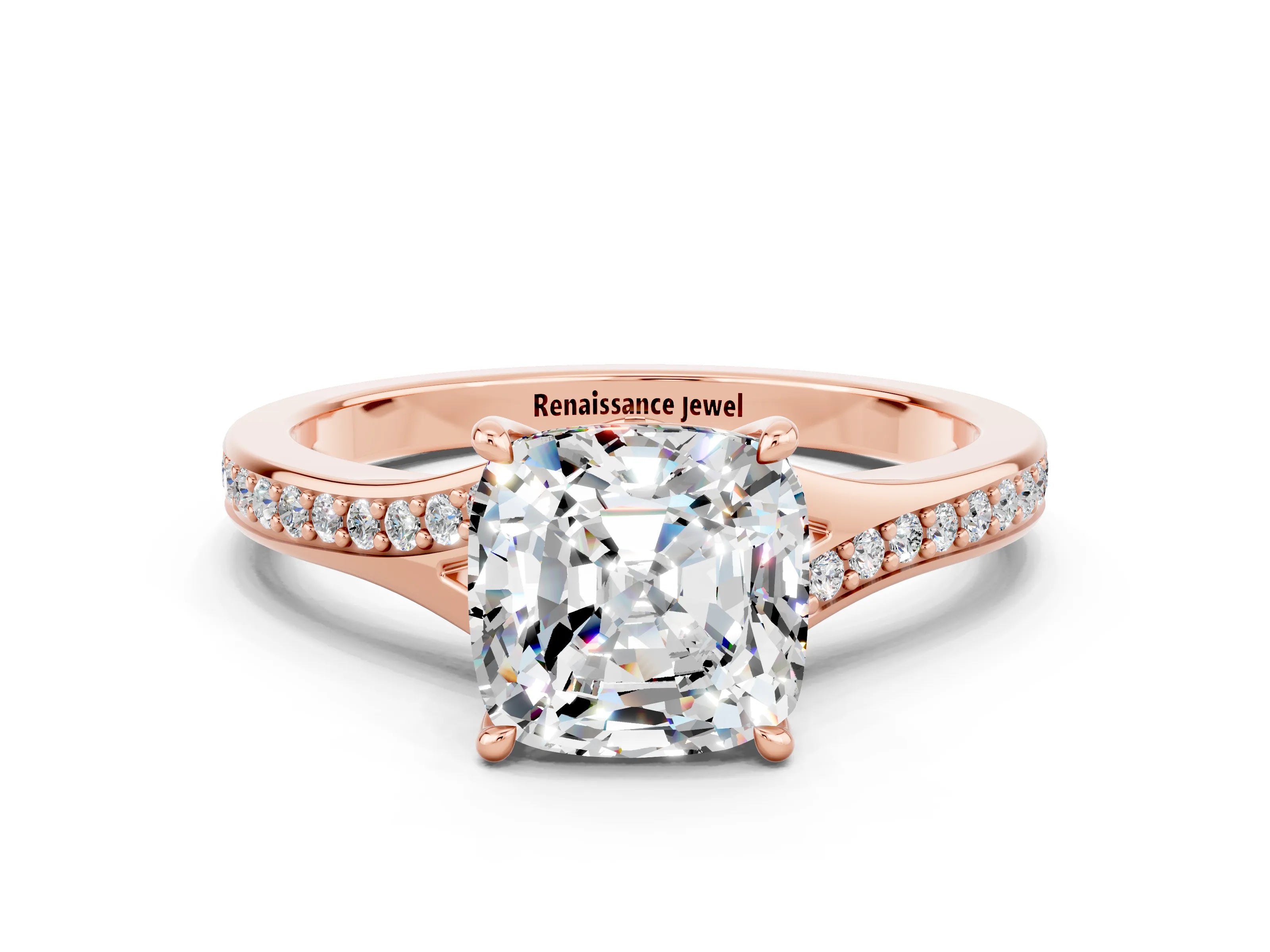 Rose gold Cushion Cut Moissanite Solitaire Ring with Pavé Band and Prong Setting