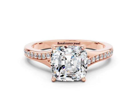 Rose gold Cushion Cut Moissanite Solitaire Ring with Pavé Band and Prong Setting_12