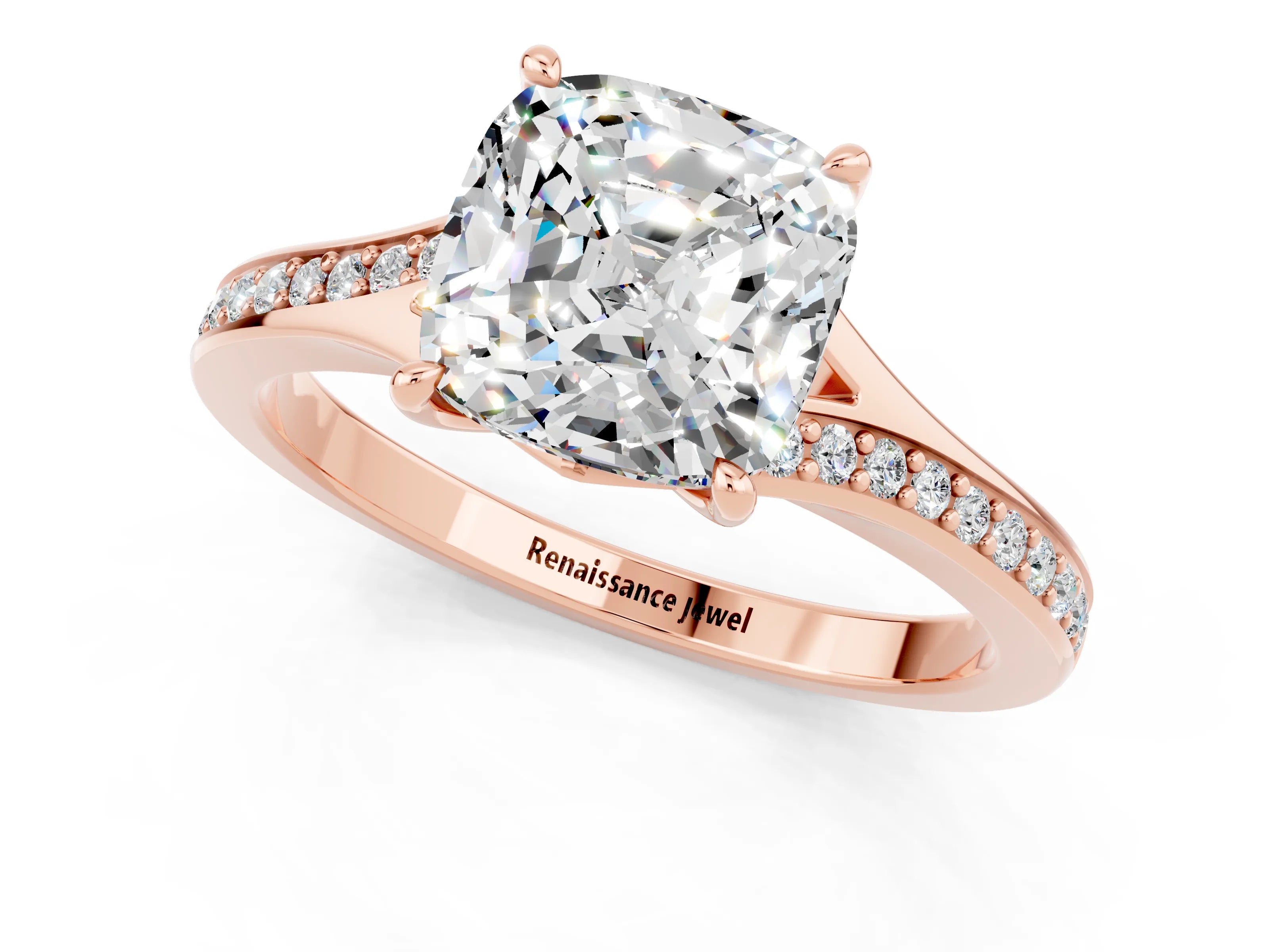 Rose gold Cushion Cut Moissanite Solitaire Ring with Pavé Band and Prong Setting_13