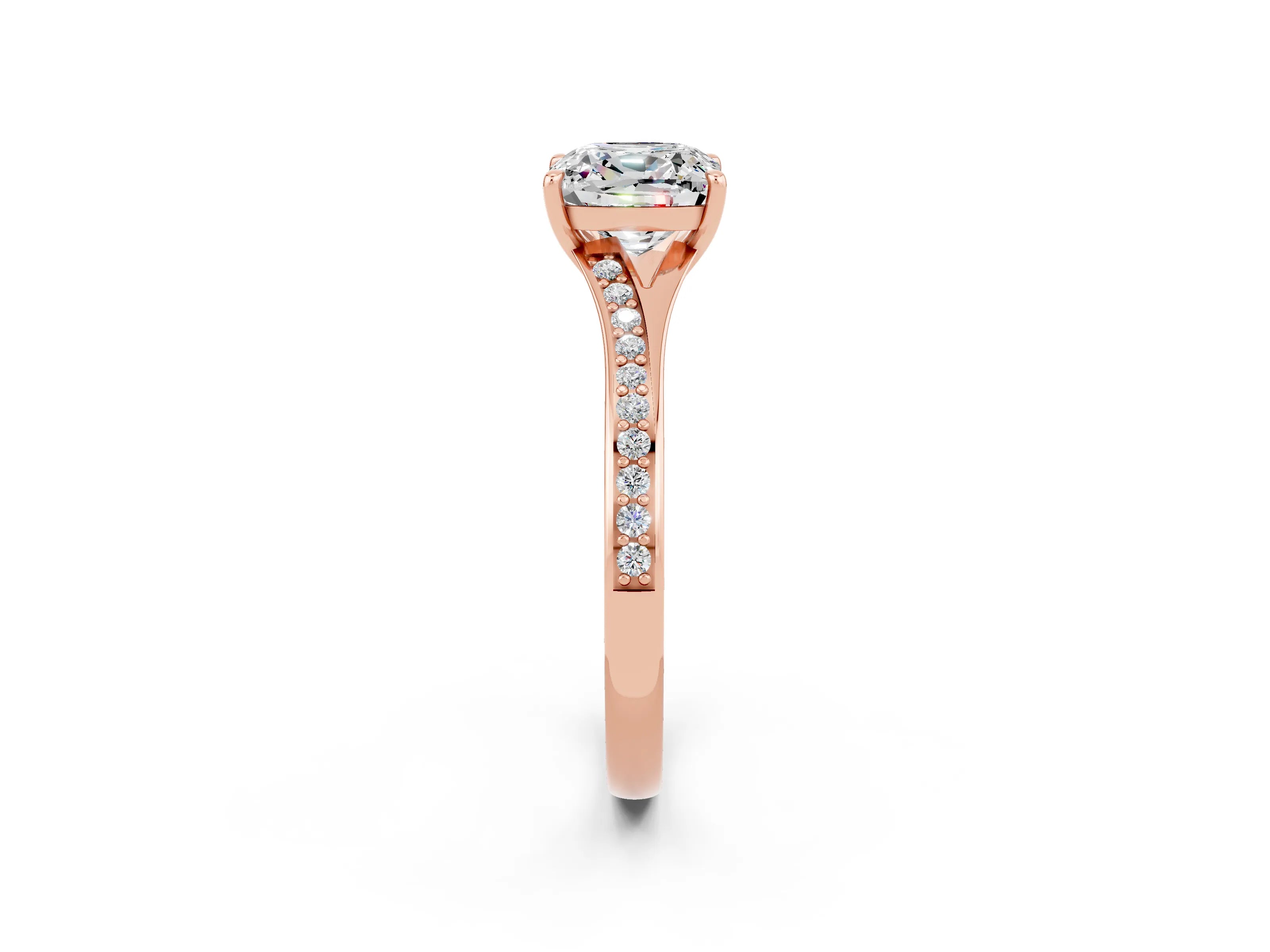 Rose gold Cushion Cut Moissanite Solitaire Ring with Pavé Band and Prong Setting_14