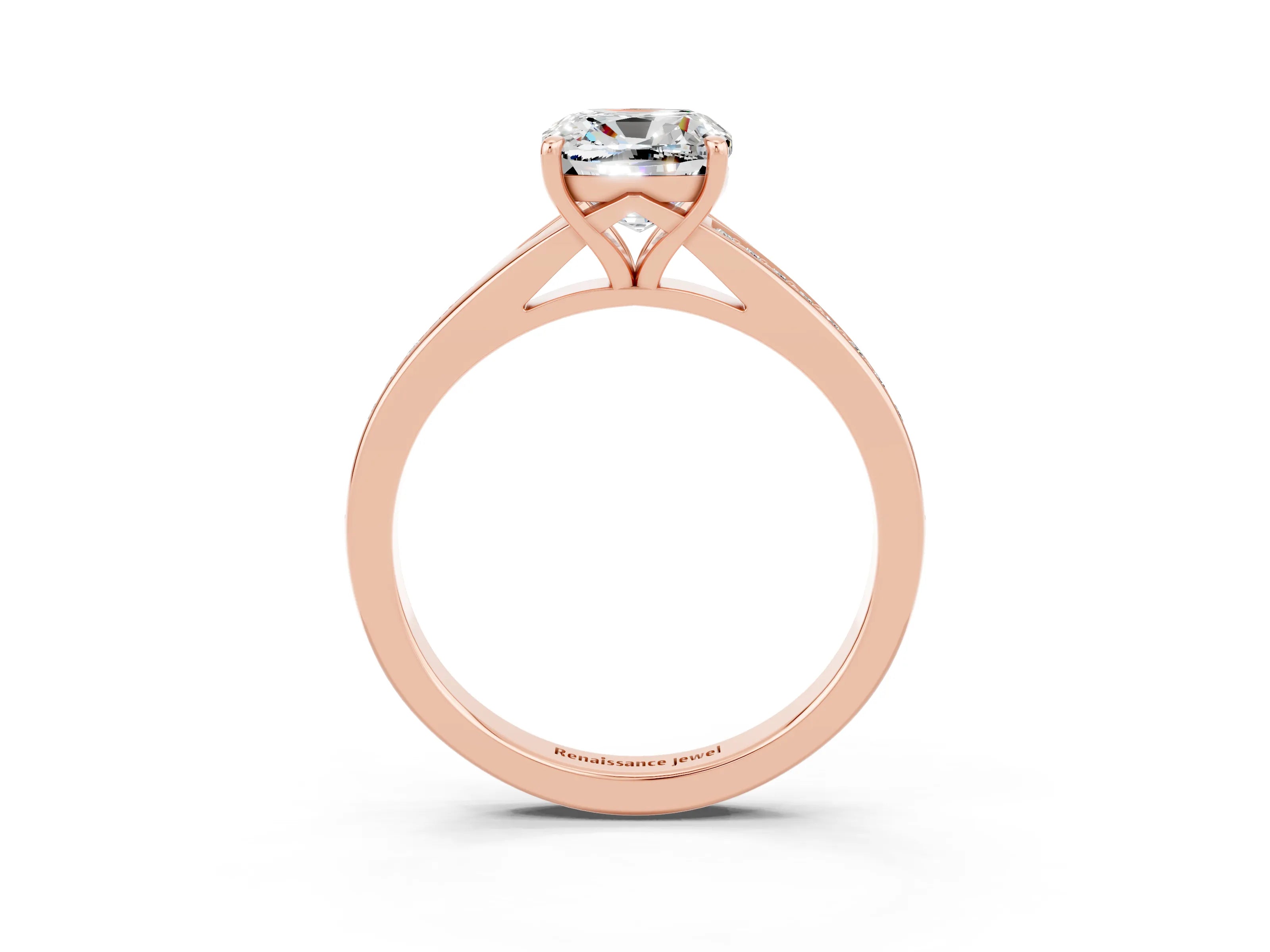 Rose gold Cushion Cut Moissanite Solitaire Ring with Pavé Band and Prong Setting_15