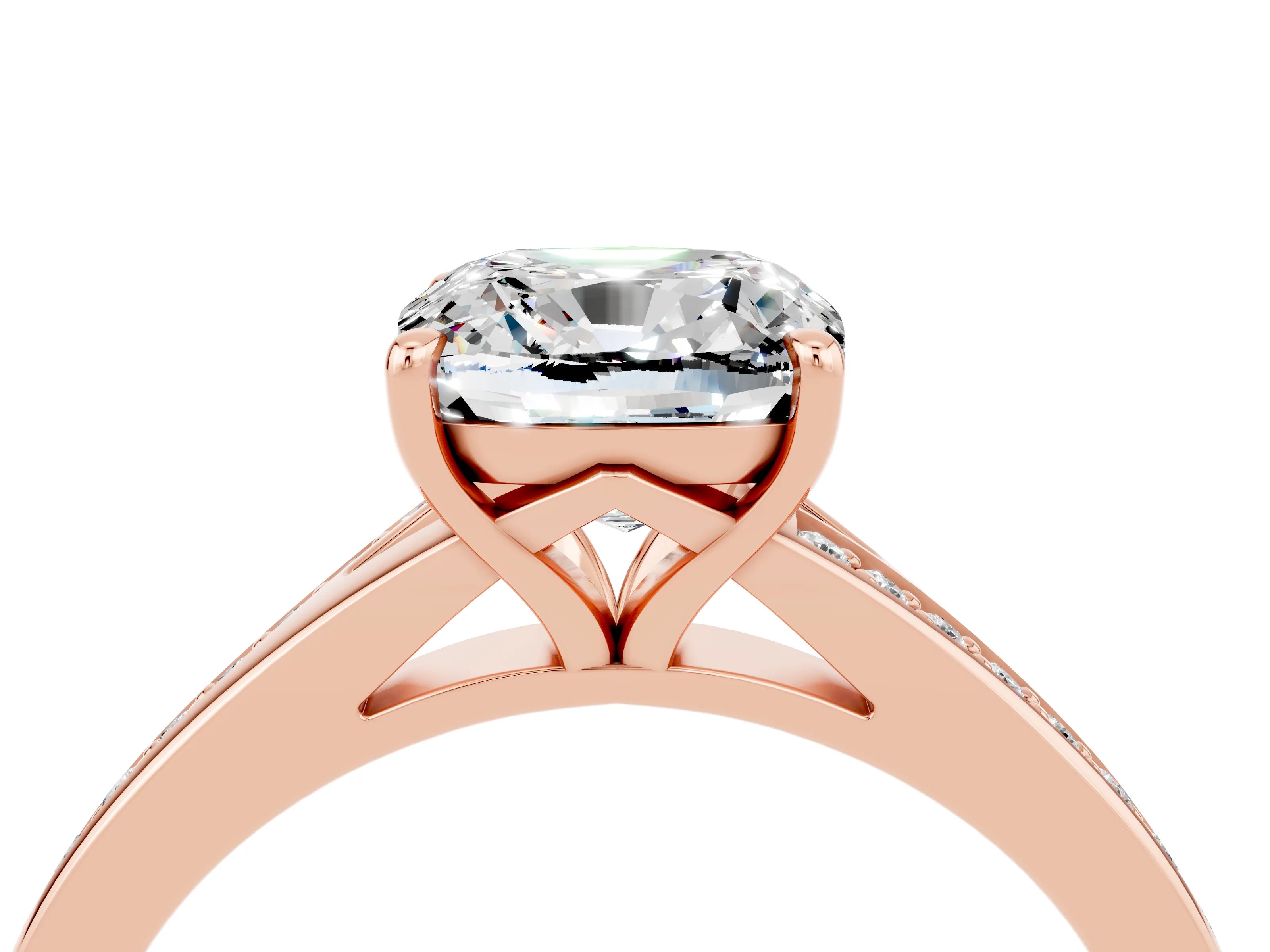 Rose gold Cushion Cut Moissanite Solitaire Ring with Pavé Band and Prong Setting_16