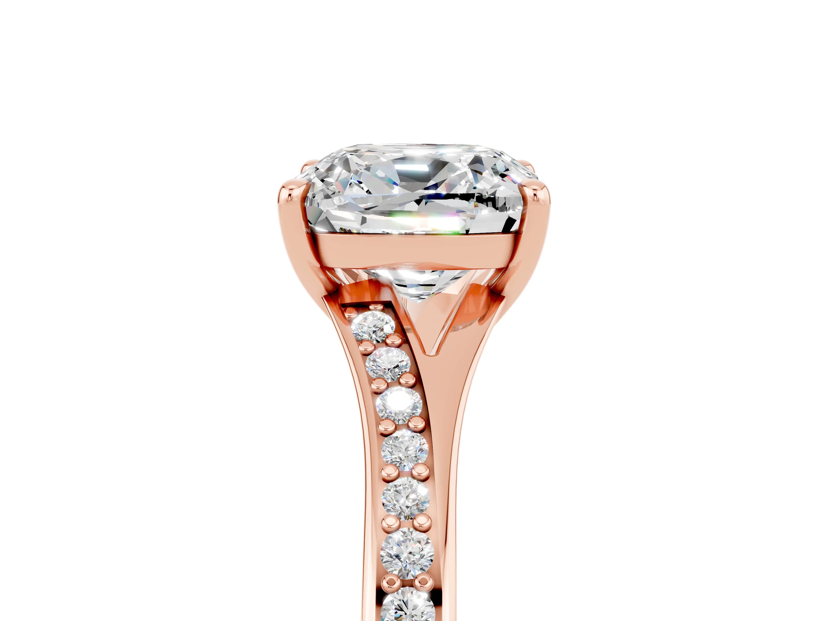 Rose gold Cushion Cut Moissanite Solitaire Ring with Pavé Band and Prong Setting_17