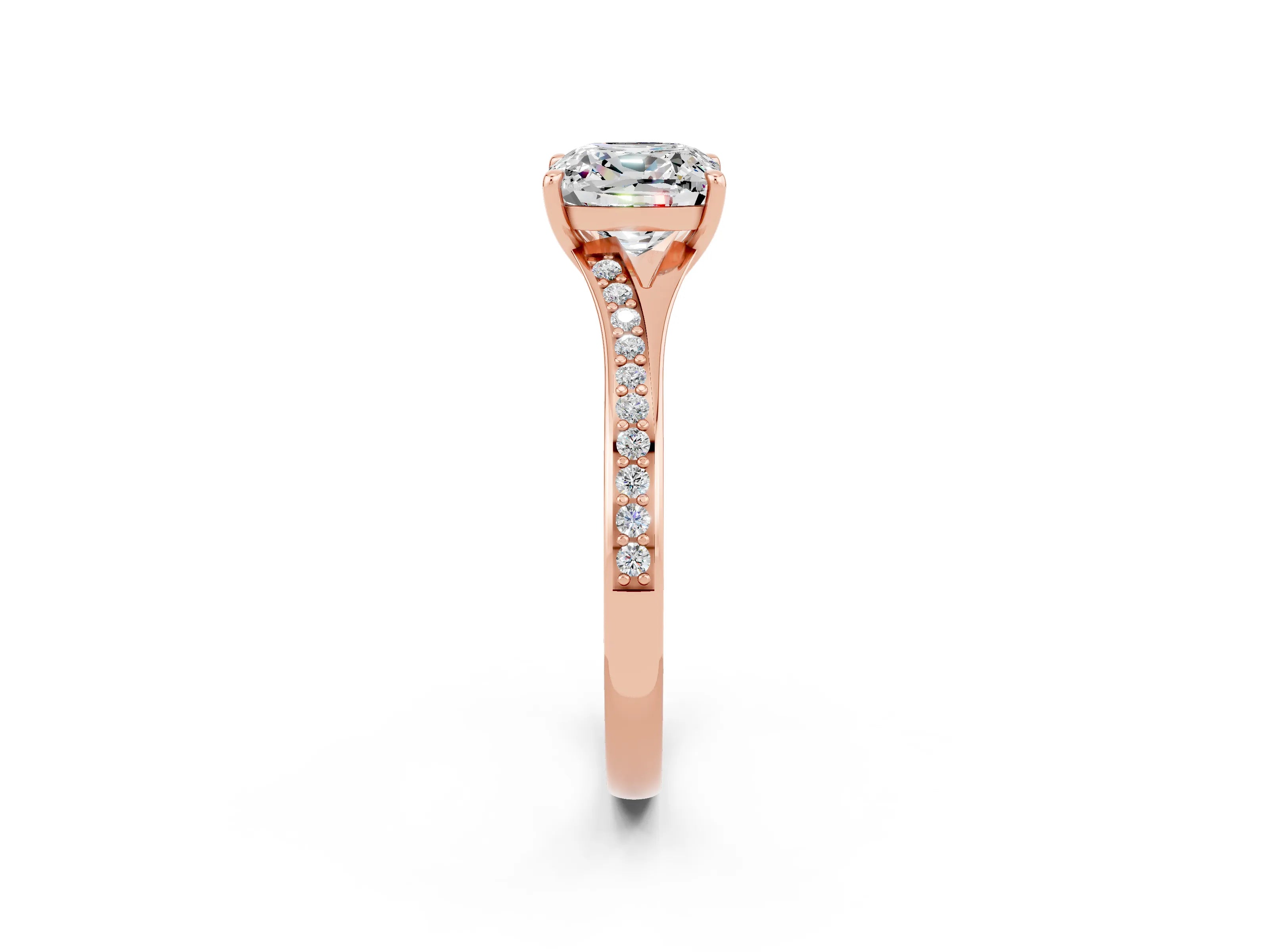 Rose gold Cushion Cut Moissanite Solitaire Ring with Pavé Band and Prong Setting_2