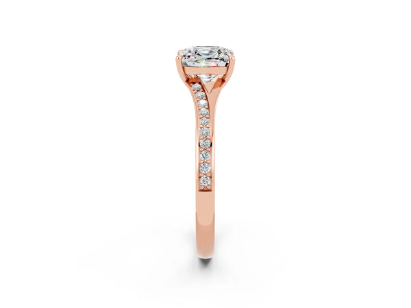 Rose gold Cushion Cut Moissanite Solitaire Ring with Pavé Band and Prong Setting