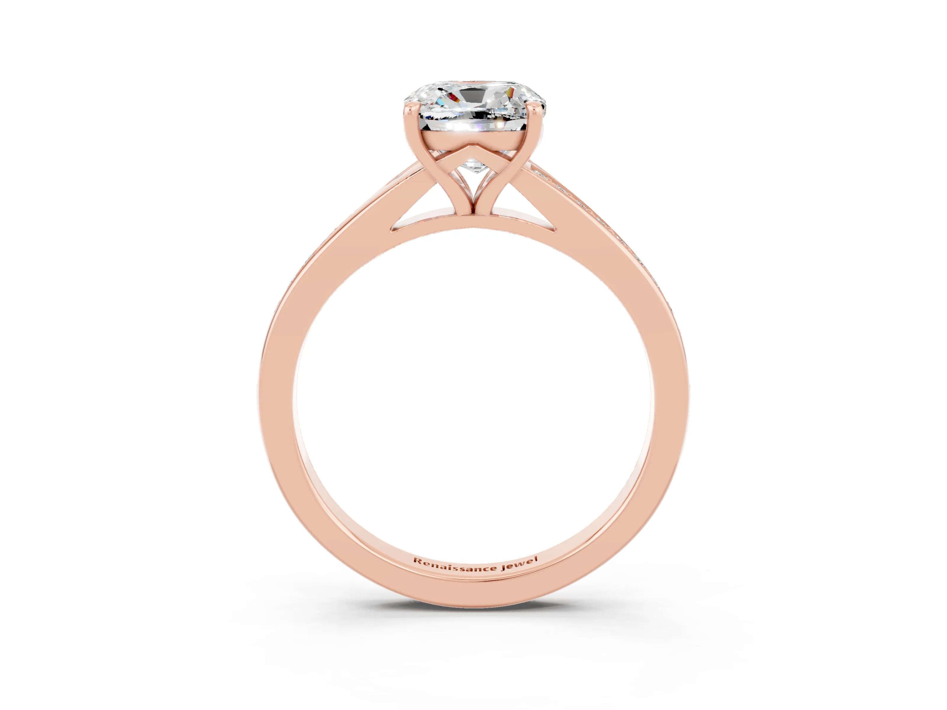 Rose gold Cushion Cut Moissanite Solitaire Ring with Pavé Band and Prong Setting_3