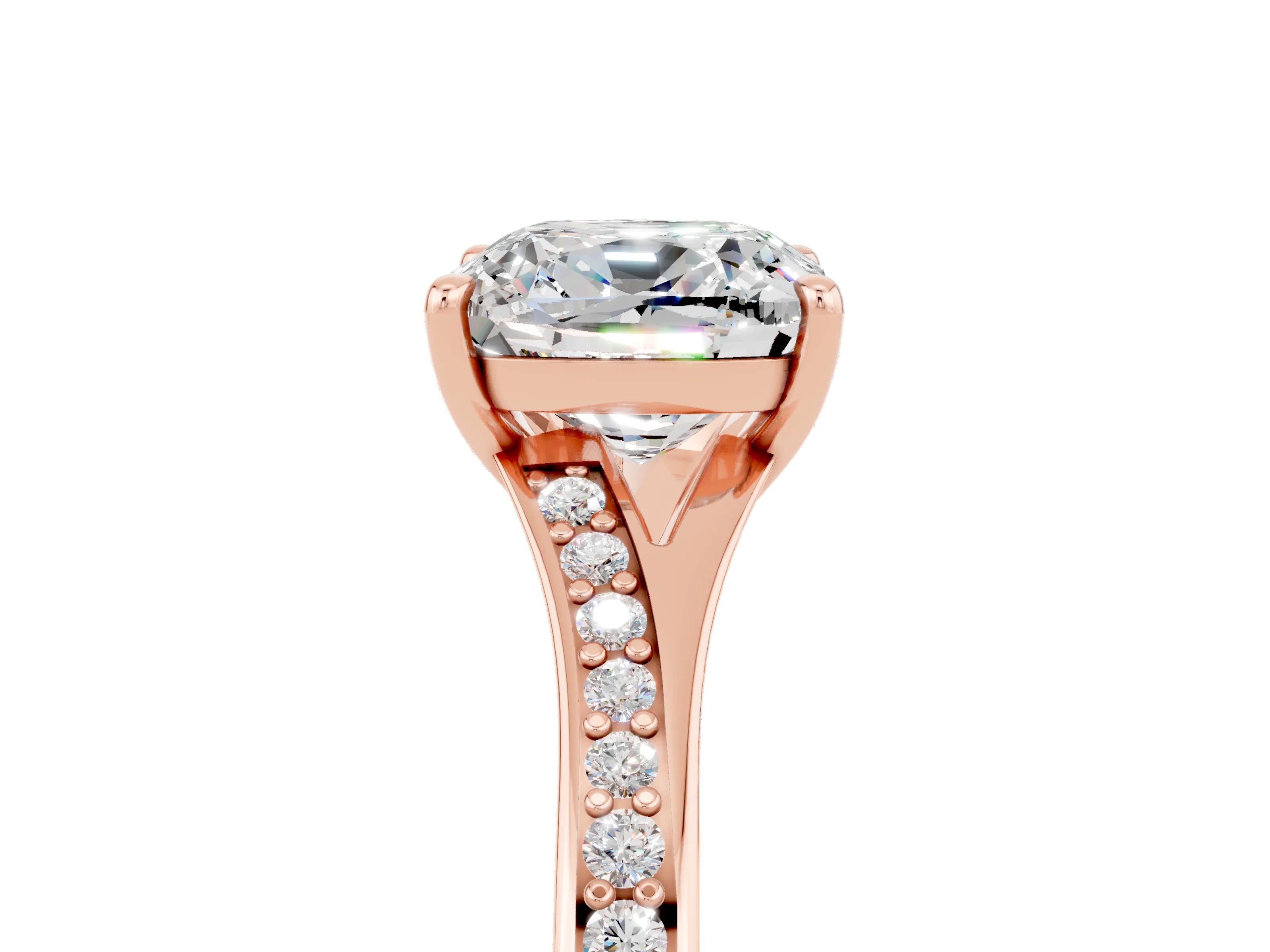 Rose gold Cushion Cut Moissanite Solitaire Ring with Pavé Band and Prong Setting_5