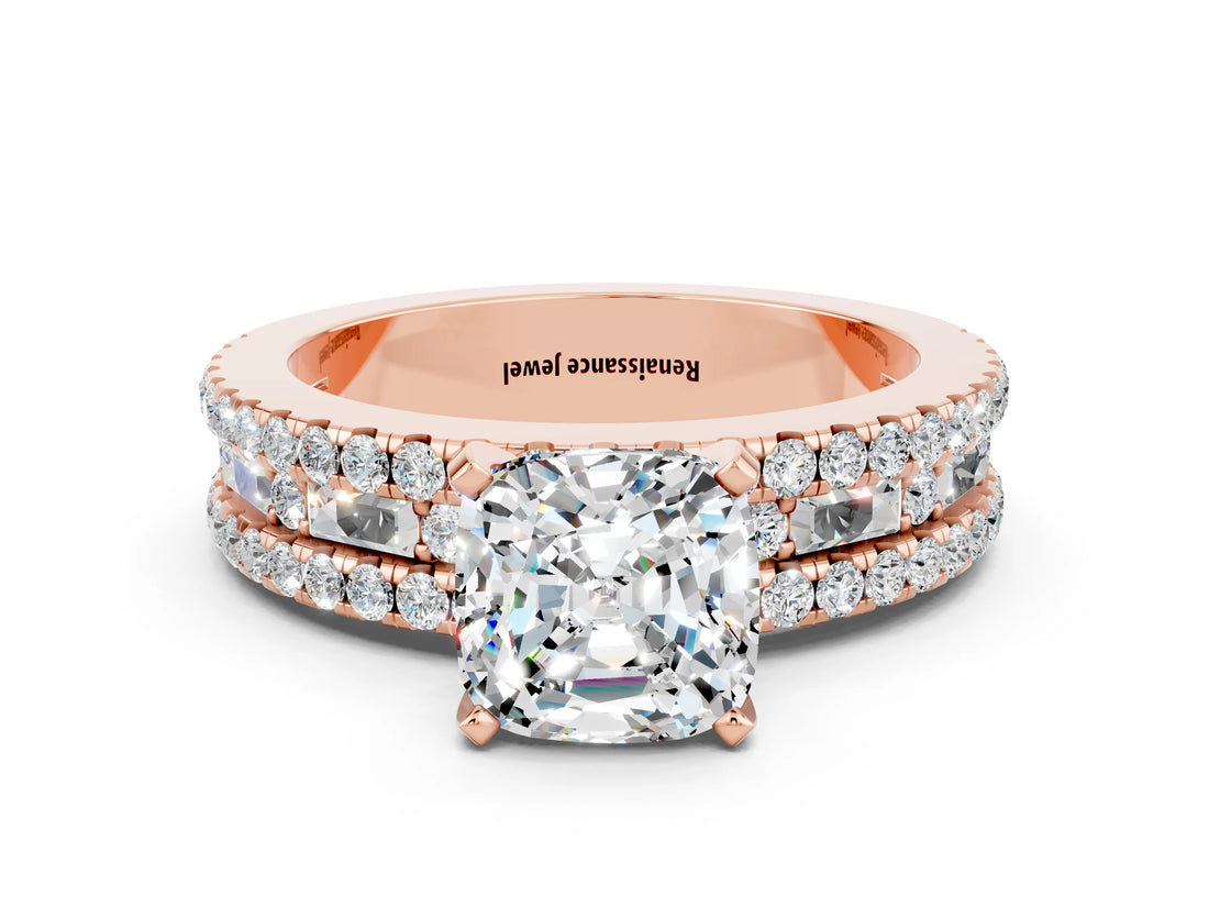 Rose gold Cushion Cut Moissanite Solitaire Ring with Pavé and Channel Set Band