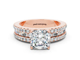 Rose gold Cushion Cut Moissanite Solitaire Ring with Pavé and Channel Set Band