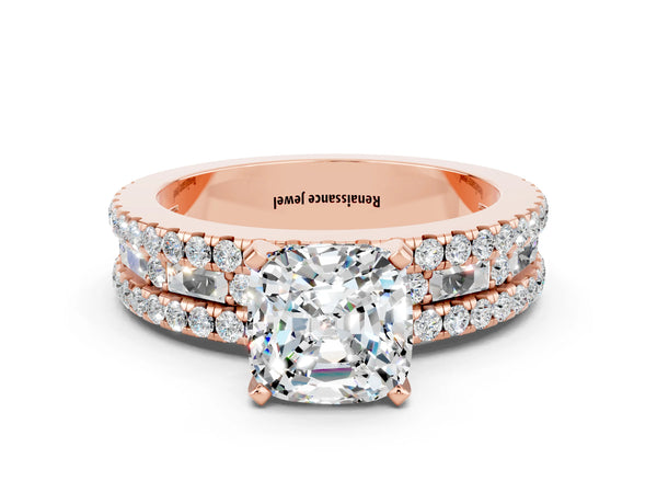 Rose gold Cushion Cut Moissanite Solitaire Ring with Pavé and Channel Set Band