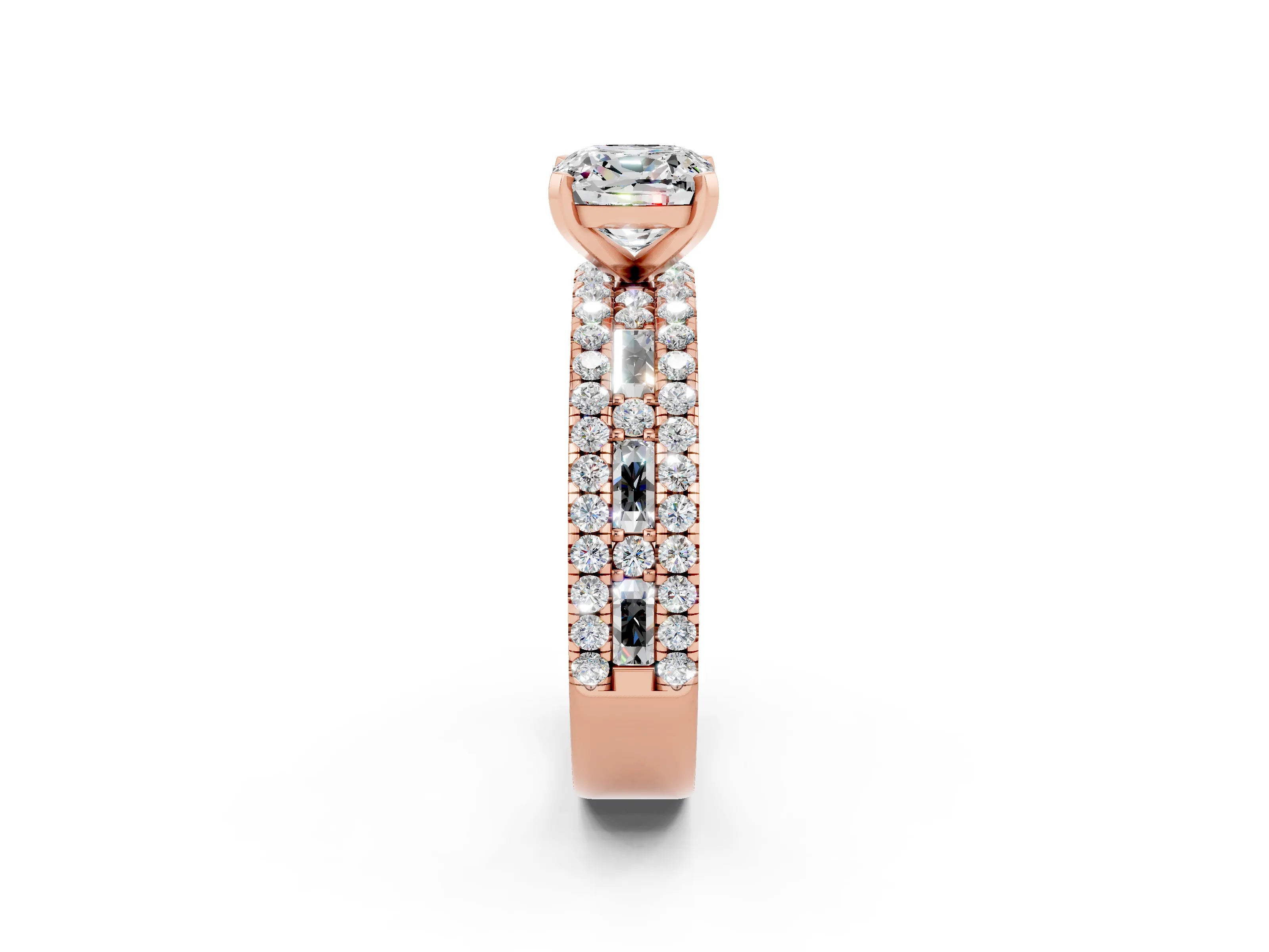 Rose gold Cushion Cut Moissanite Solitaire Ring with Pavé and Channel Set Band_2