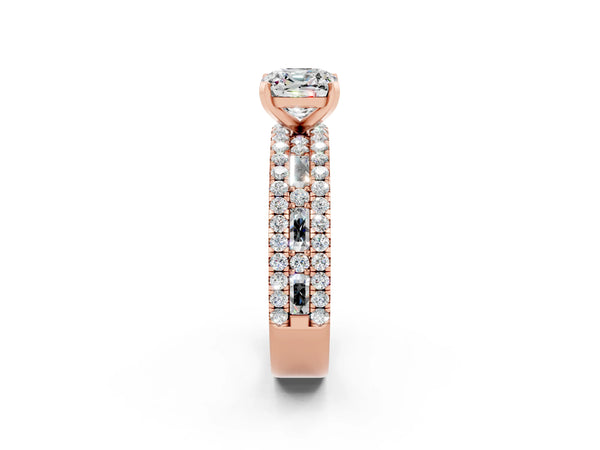 Rose gold Cushion Cut Moissanite Solitaire Ring with Pavé and Channel Set Band