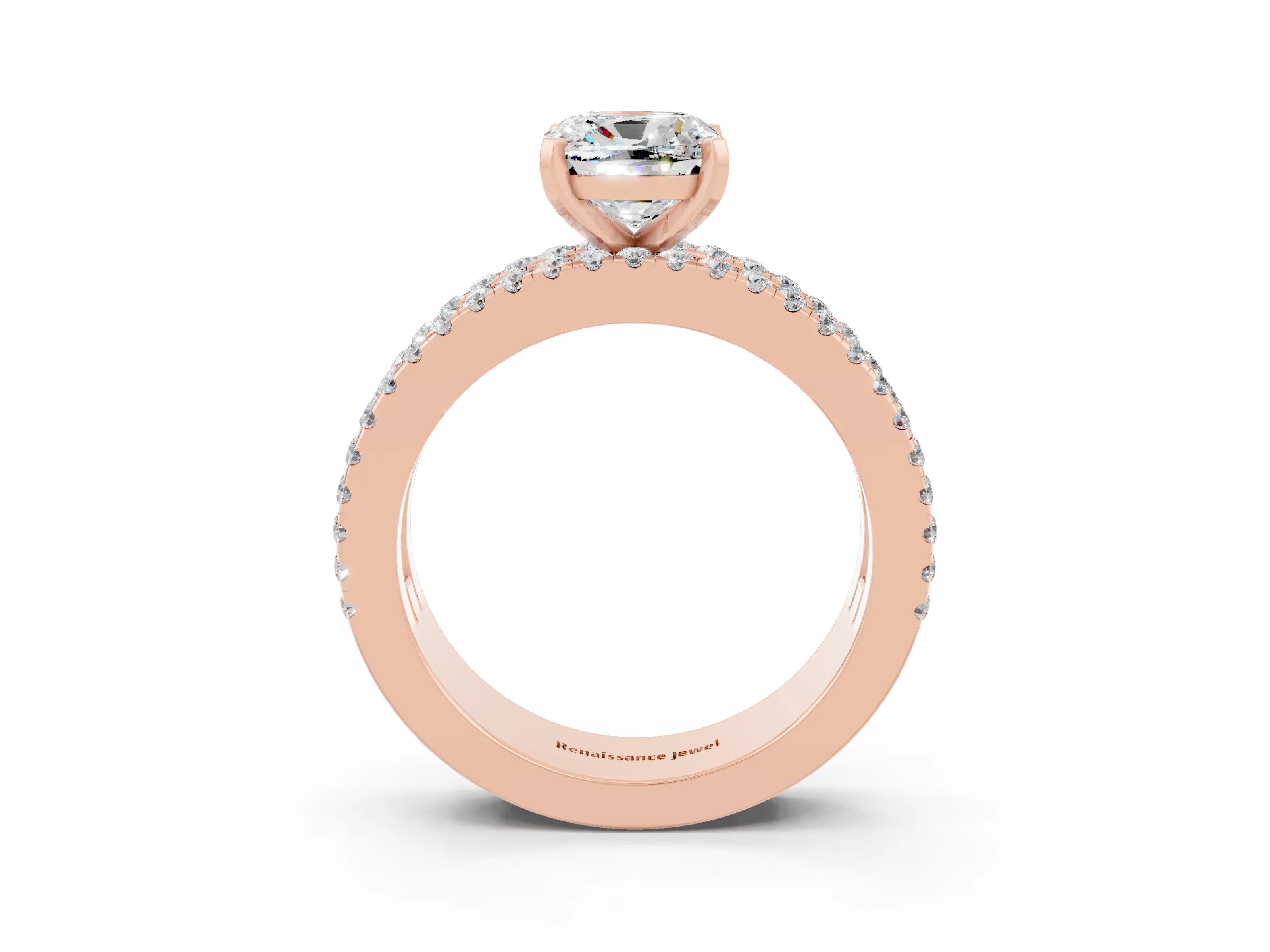 Rose gold Cushion Cut Moissanite Solitaire Ring with Pavé and Channel Set Band_3