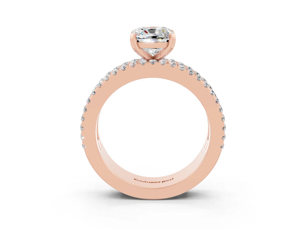 Rose gold Cushion Cut Moissanite Solitaire Ring with Pavé and Channel Set Band