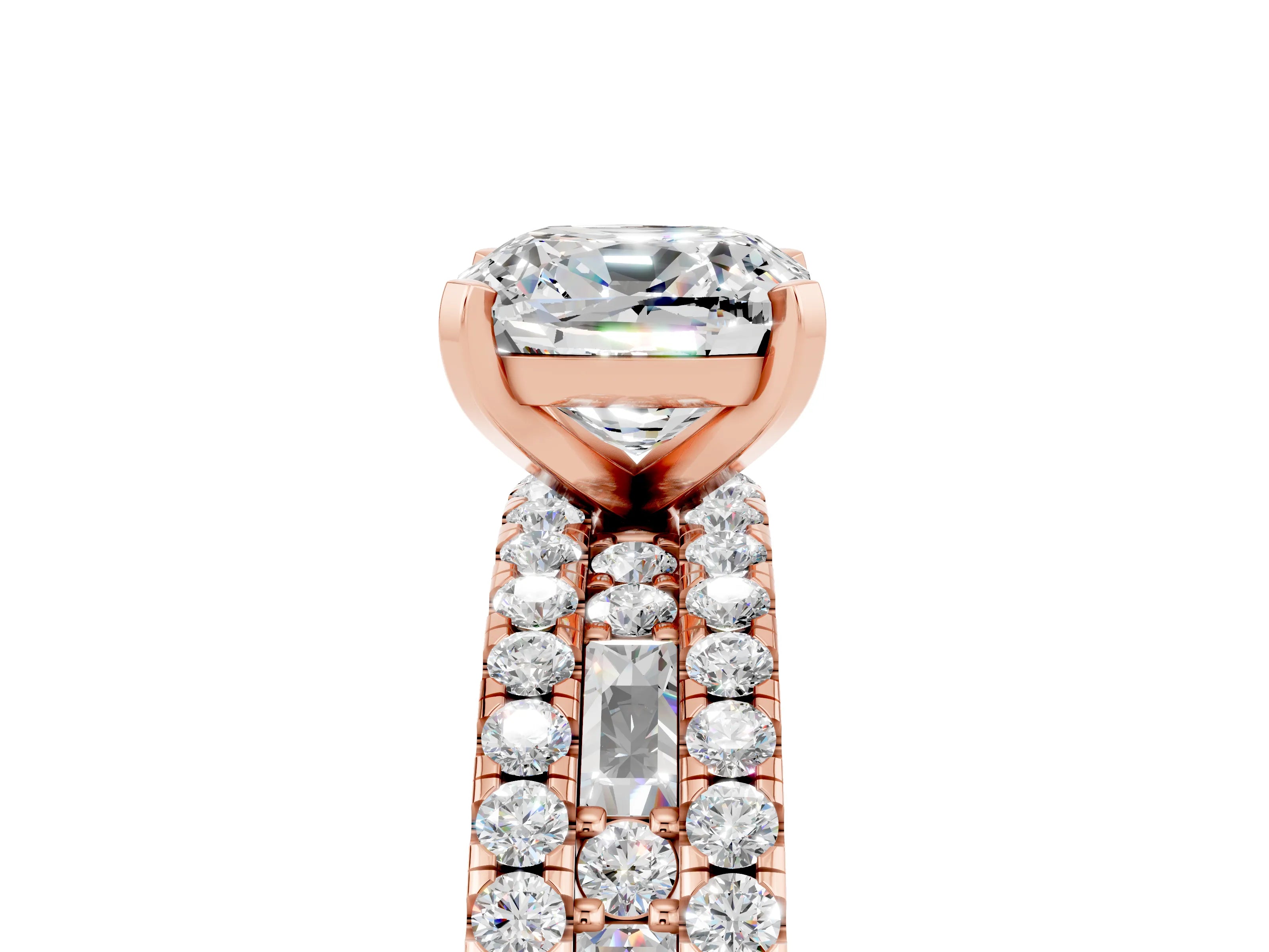 Rose gold Cushion Cut Moissanite Solitaire Ring with Pavé and Channel Set Band_5