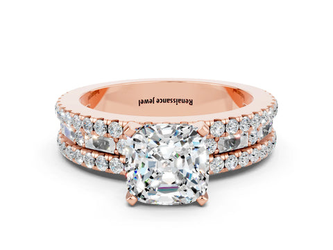 Rose gold Cushion Cut Moissanite Solitaire Ring with Pavé and Channel Set Band