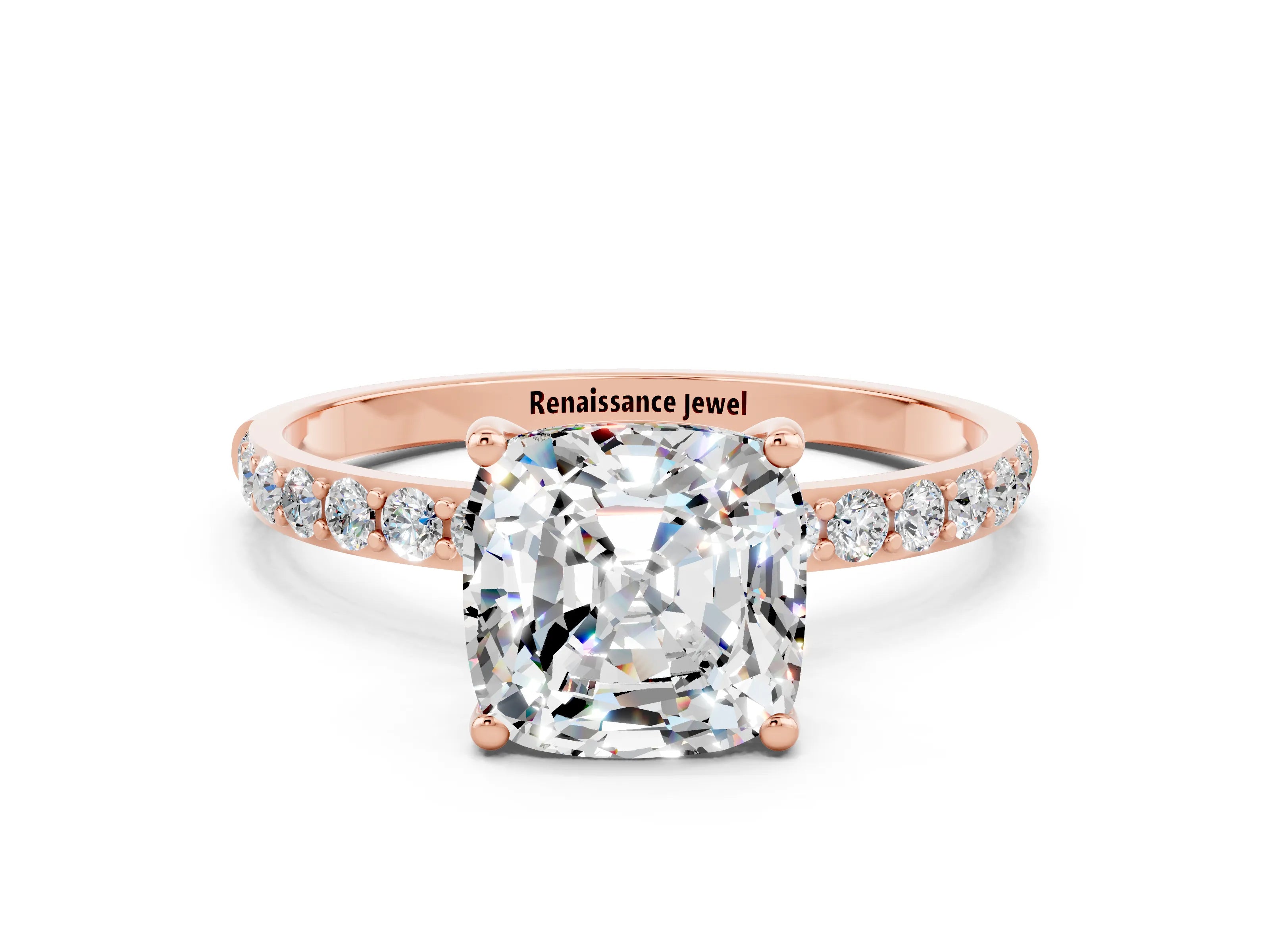 Rose gold Cushion Cut Moissanite Solitaire Ring with Pave Band and Four Prong Setting_24