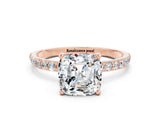 Rose gold Cushion Cut Moissanite Solitaire Ring with Pave Band and Four Prong Setting_24