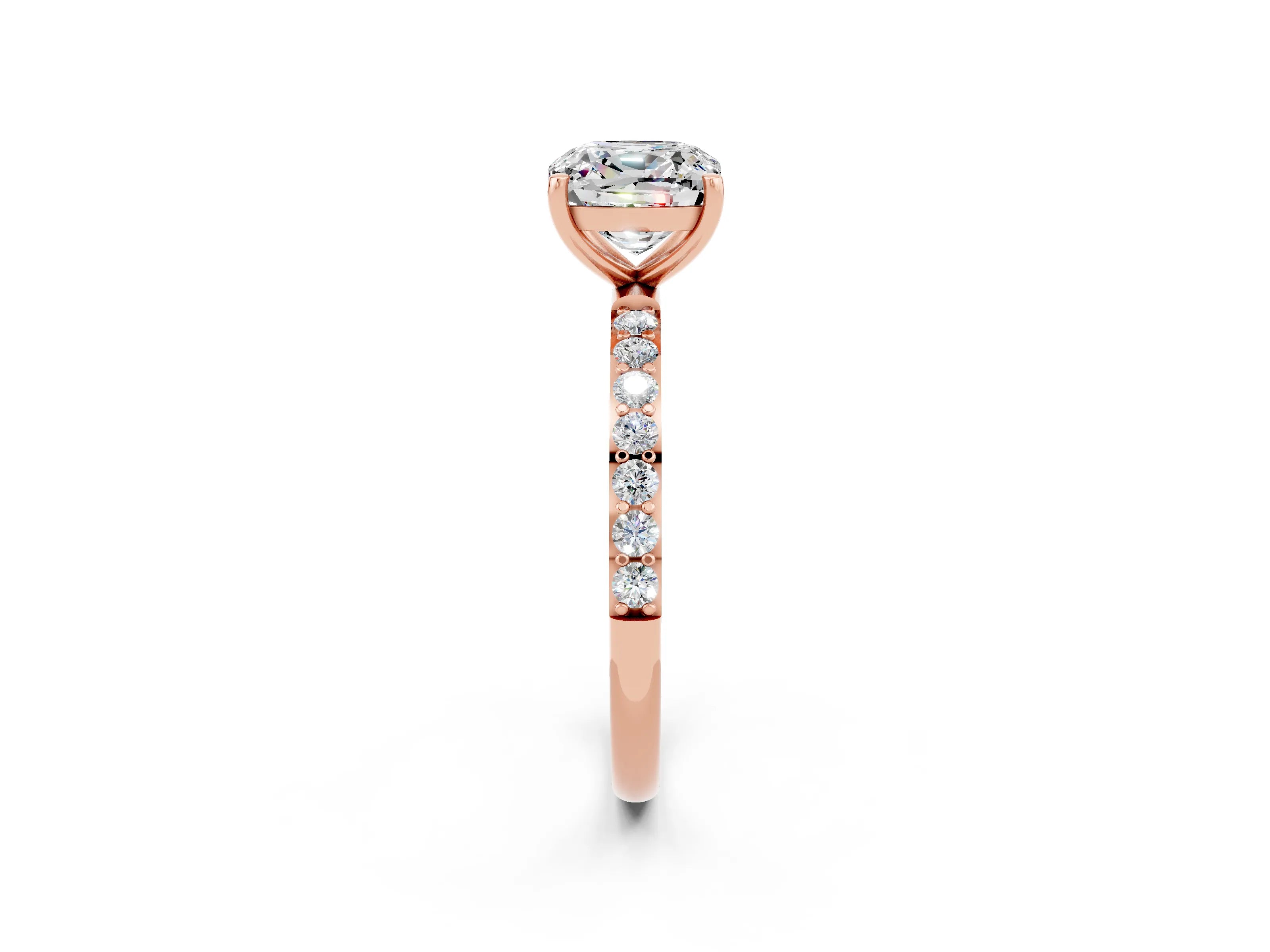 Rose gold Cushion Cut Moissanite Solitaire Ring with Pave Band and Four Prong Setting_26