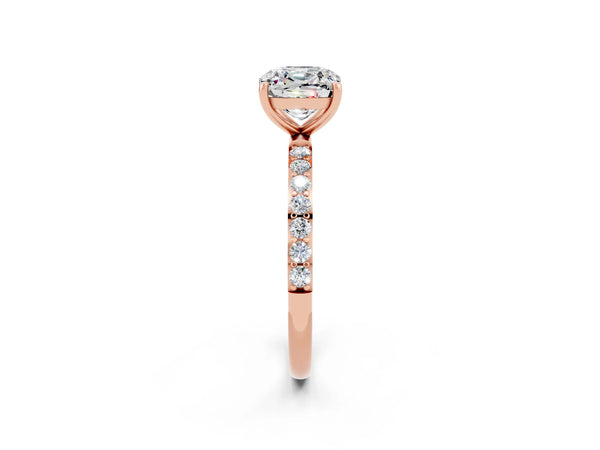 Rose gold Cushion Cut Moissanite Solitaire Ring with Round  Pavé Band and Prong Setting