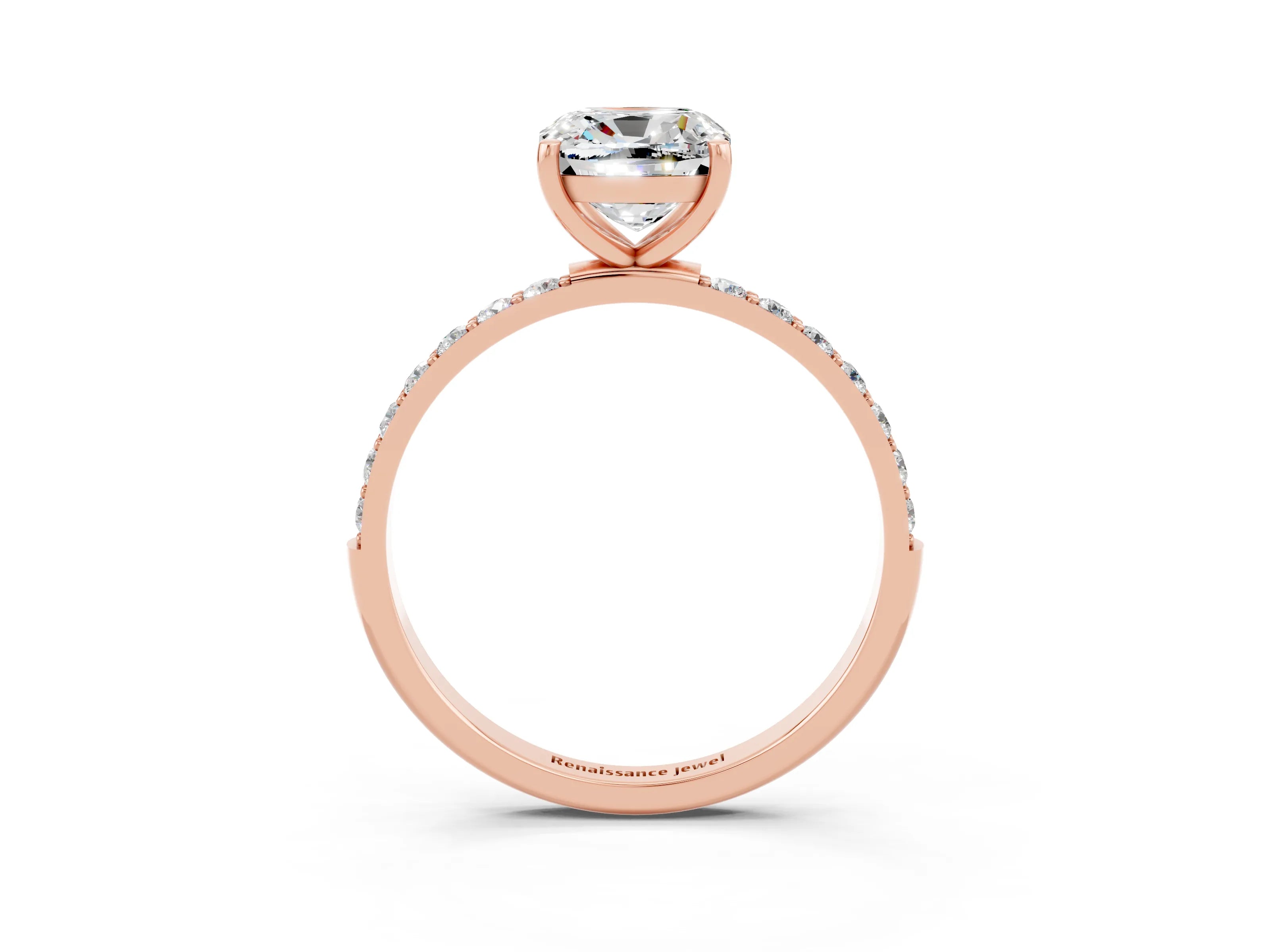 Rose gold Cushion Cut Moissanite Solitaire Ring with Pave Band and Four Prong Setting_27