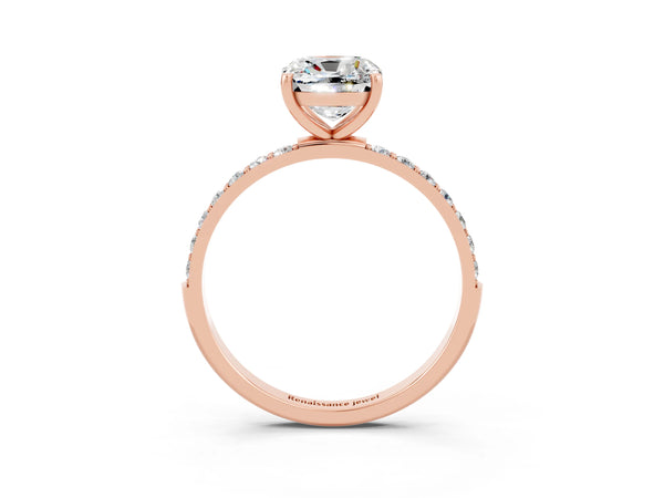 Rose gold Cushion Cut Moissanite Solitaire Ring with Round  Pavé Band and Prong Setting