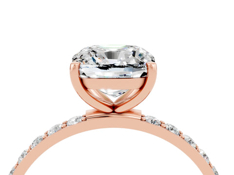Rose gold Cushion Cut Moissanite Solitaire Ring with Pave Band and Four Prong Setting_28