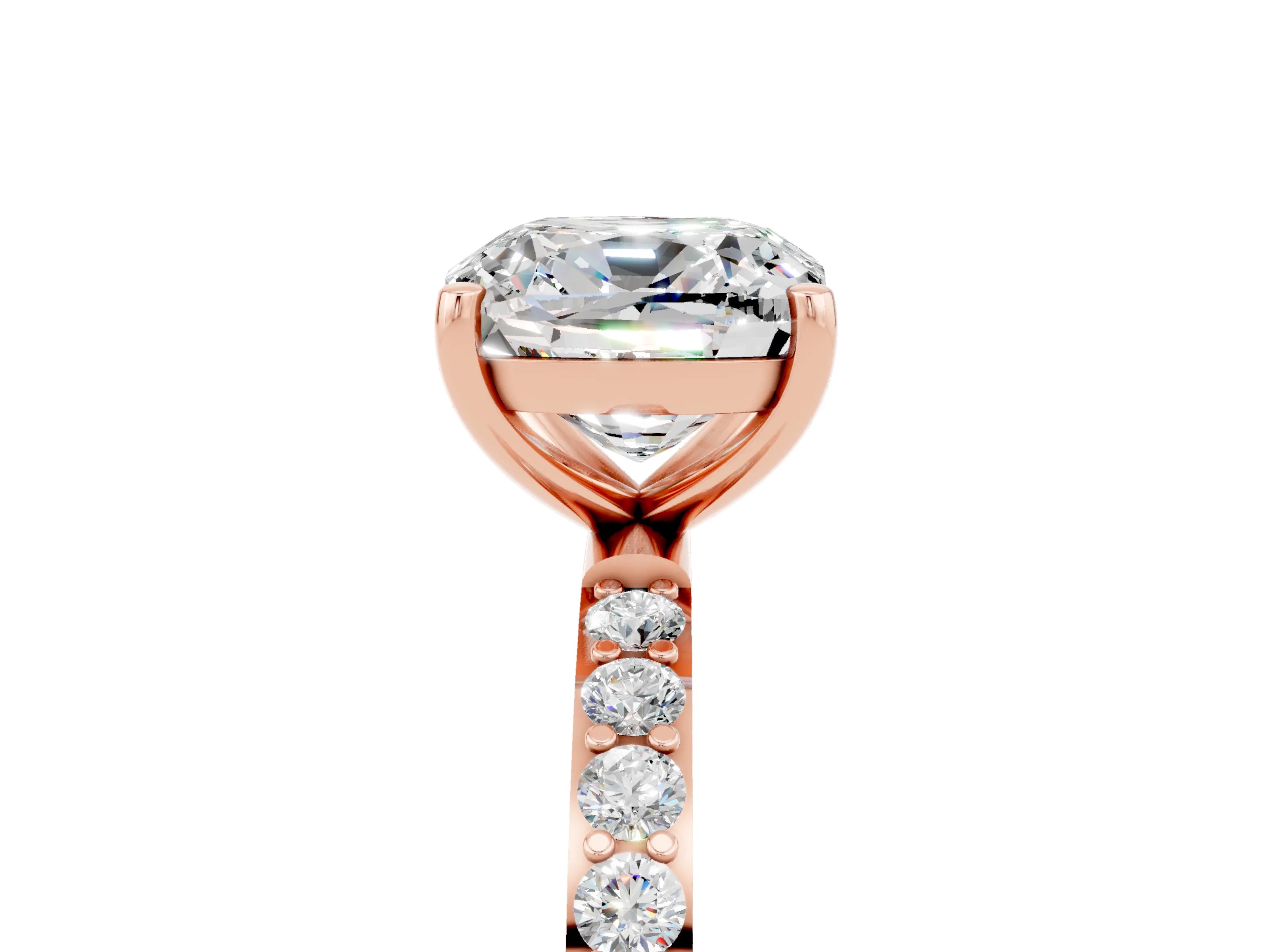 Rose gold Cushion Cut Moissanite Solitaire Ring with Pave Band and Four Prong Setting_29