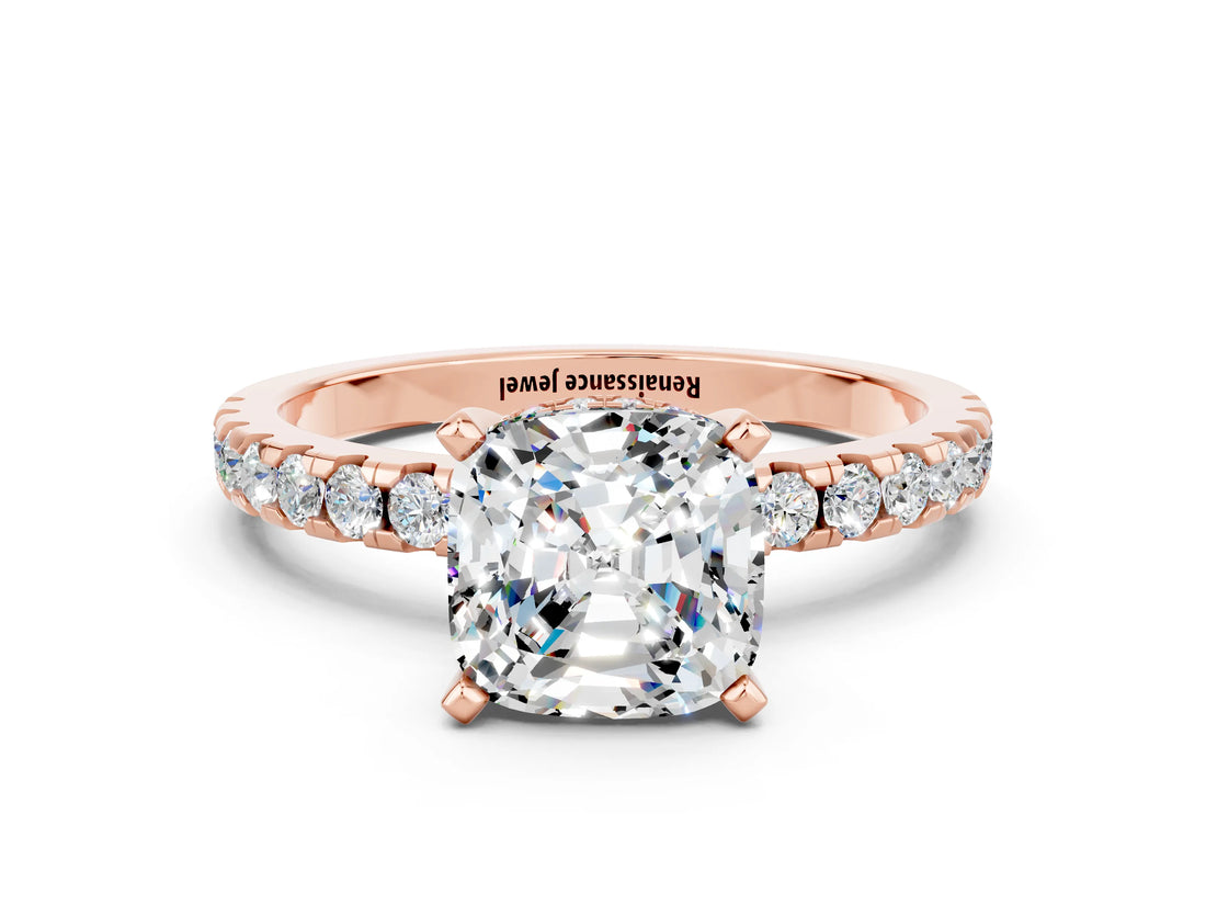 Rose gold Cushion Cut Moissanite Solitaire Ring with Round  Pavé Band and Four-Prong Setting_42