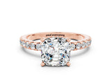 Rose gold Cushion Cut Moissanite Solitaire Ring with Round  Pavé Band and Four-Prong Setting_42