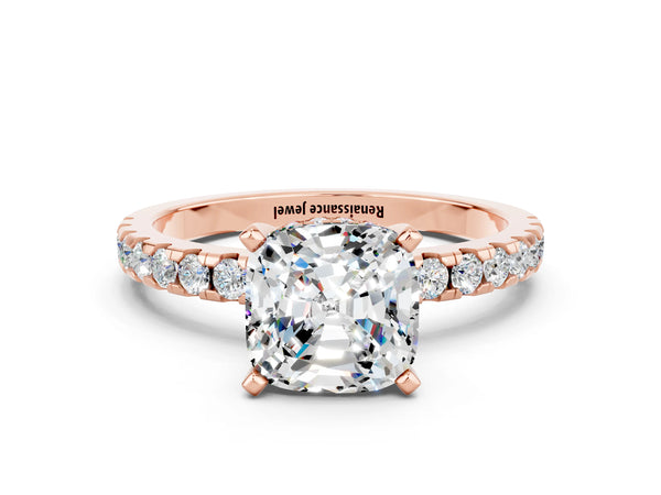 Rose gold Cushion Cut Moissanite Solitaire Ring with Round  Pavé Band and Four-Prong Setting